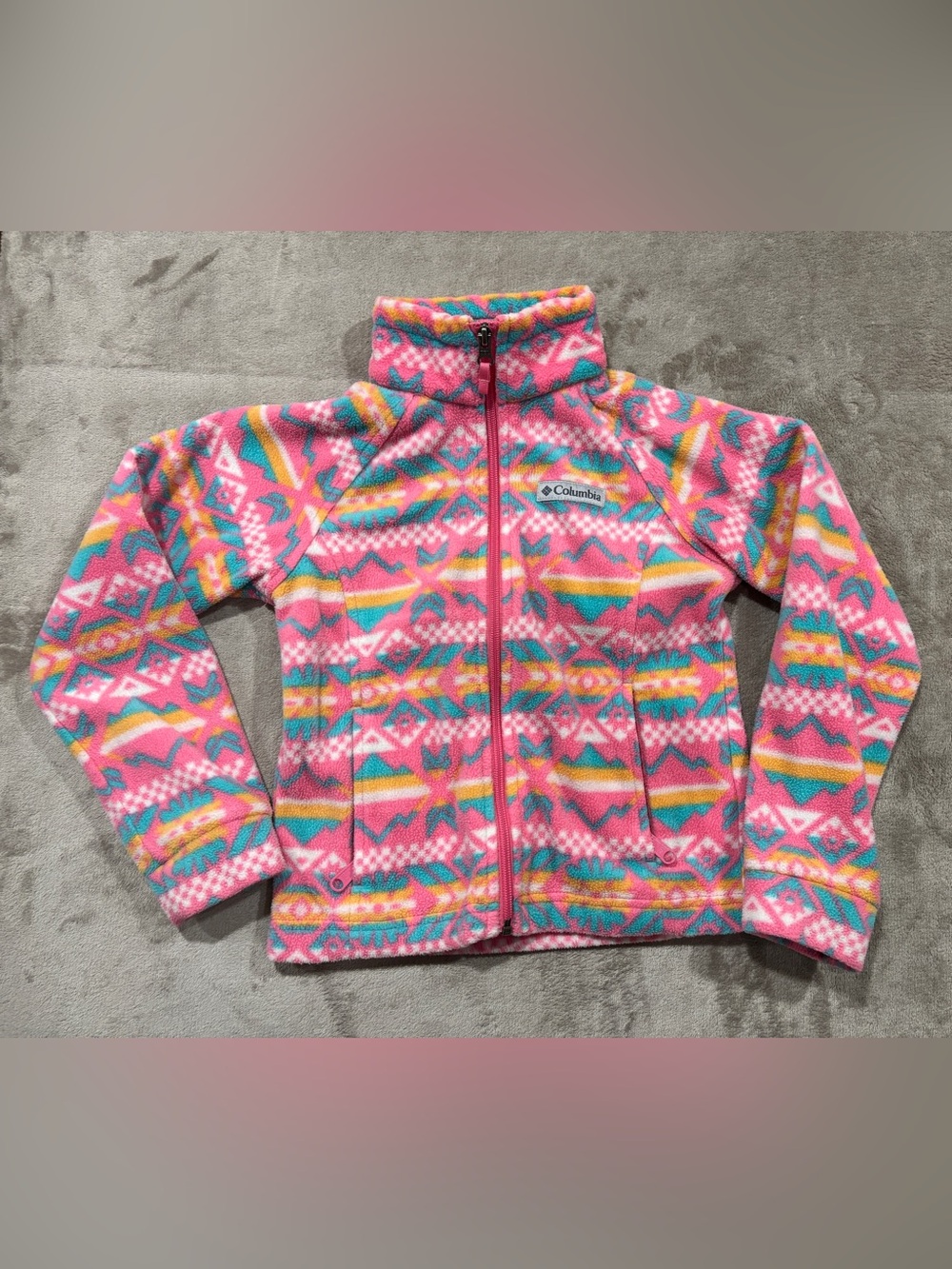 Kid’s Columbia Pink Fleece Jacket with Teal and Yellow Accents